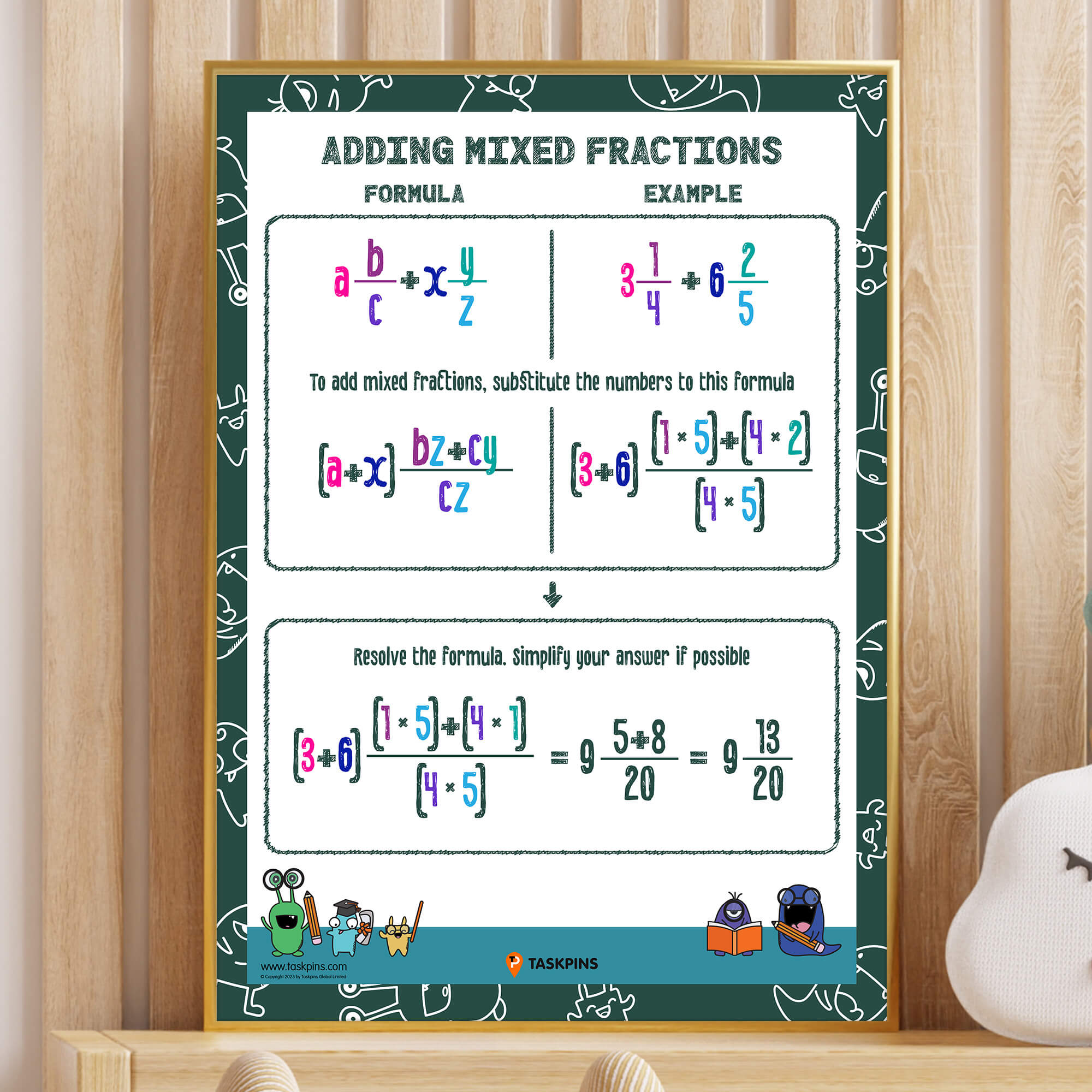 Add mixed fractions step by step poster