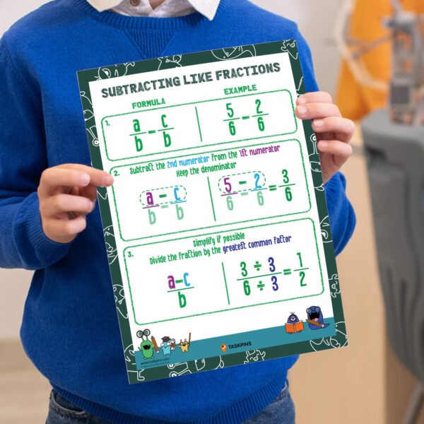 subtracting fractions with like denominators guide print
